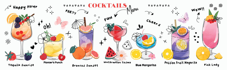 Set of cocktail drinks special promotions design. Alcohol beverage, fresh yummy drinks, sparkling water, summer juice in different glasses. Classic cocktail vector for advertisement, menu, poster.