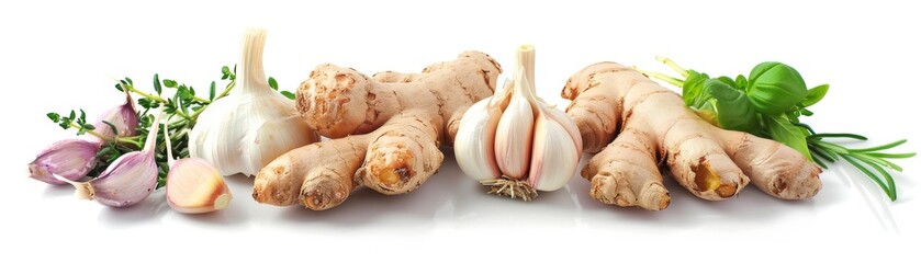 Vibrant Fresh Ginger and Herbs with Garlic, Culinary Isolated Composition