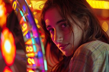 Obraz premium A young woman with a look of anticipation standing next to a ferris wheel at an amusement park, A woman with a look of anticipation spinning the wheel at a game of fortune
