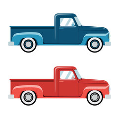 Set of vintage pickup trucks in blue and red colors. Vector flat illustration style. Isolated on white background