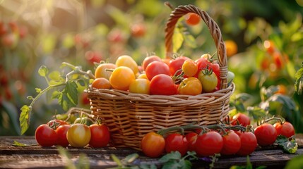 A basket filled with freshly harvested tomatoes of various sizes and colors, placed on a wooden table in a sunny garden