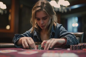 Fototapeta premium A woman with a mysterious expression engaging in a game of poker, A woman with a mysterious expression playing with a deck of cards at a poker table
