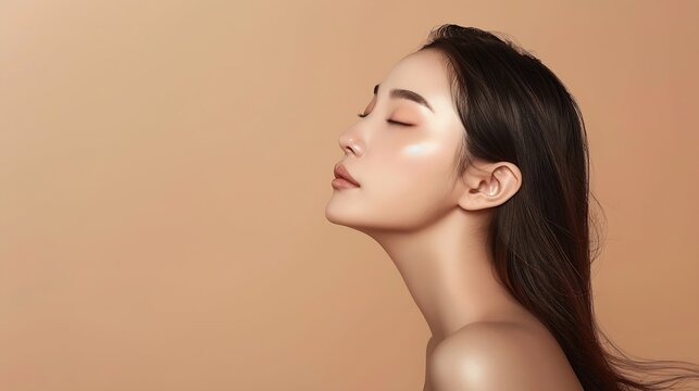 Young Asian beauty woman model long hair with korean makeup style on face and perfect skin on isolated beige background Facial treatment Cosmetology Spa Aesthetic plastic surgery : Generative AI