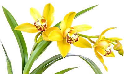 Obraz premium Cymbidium tracyanum orchid plant Tracys cymbidium Large yellow orchid isolated on white background with clipping path : Generative AI