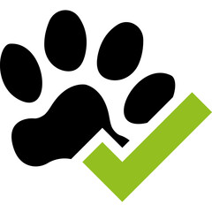Pet Friendly Vector Logo. Paw Footprint with a Green Tick Approved Icon