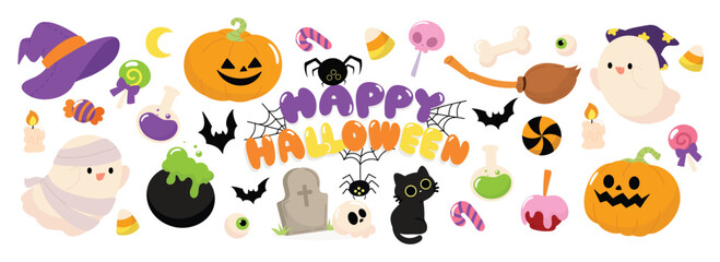 Happy Halloween day element background vector. Cute collection of spooky ghost, pumpkin, bat, candy, skull, spider, cat, cobweb. Adorable halloween festival elements for decoration, prints, sticker.