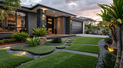 Obraz premium Modern Home with Lush Landscaping and Stone Accents