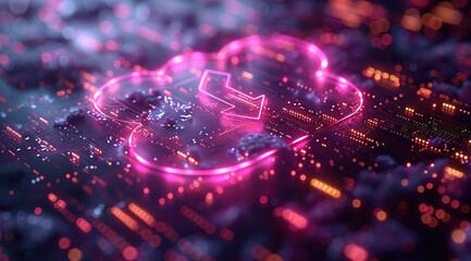 A neon cloud with a downward arrow, symbolizing cloud computing and data upload.