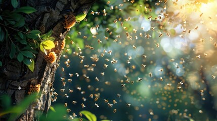 A beehive on a tree with bees flying around, promoting the importance of bees in maintaining ecological balance