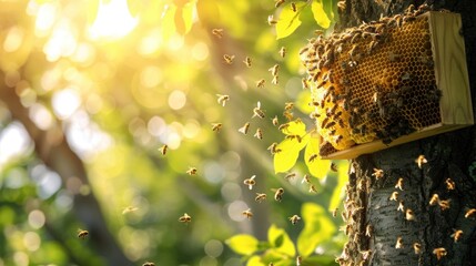 A beehive on a tree with bees flying around, promoting the importance of bees in maintaining ecological balance