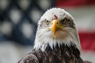 Fototapeta premium Majestic eagle bird with beak. Nature s American head in wildlife. White wild bald animal. Prey symbol, eye portrait of hunter. America yellow predator raptor feathers. Brown bald