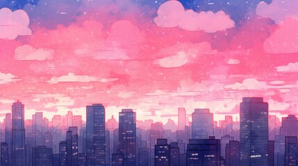 Obraz premium Vibrant city skyline silhouette painted against a colorful sunset backdrop in stunning watercolors.