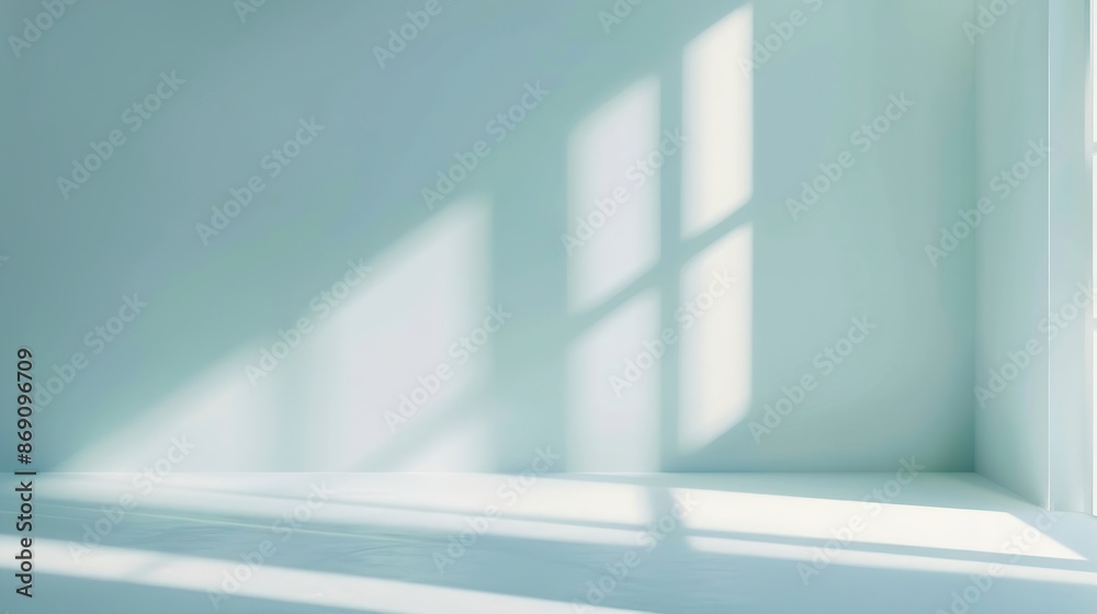 Poster Minimalistic simple abstract light blue background for product presentation Shadow and light from windows on wall : Generative AI