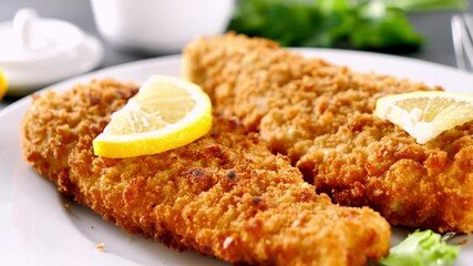 fried fish fillet with lemon slice - Powered by Adobe