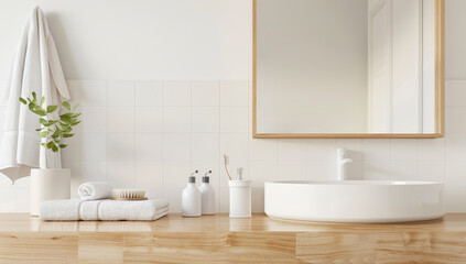 Fototapeta premium A bathroom with a white sink and a wooden counter by AI generated image by AI generated image