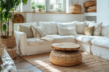 Natural Wood Coffee Table Near White Corner Sofa with Patterned Pillows in Modern Living Room Home with Boho Country Interior Design
