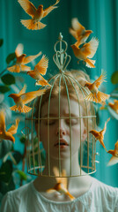 portrait of a girl in the birdcage aroundmany birds flying