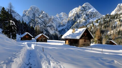 Three wooden cottages in snowy mountains