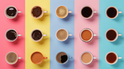 Fototapeta premium Top view of different types of coffee, espresso, cappuccino, latte on pastel background
