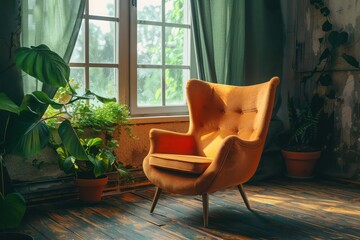 Mid Century Modern Living Room with Orange Armchair, Brown Corner Sofa, and Window Dressed with...