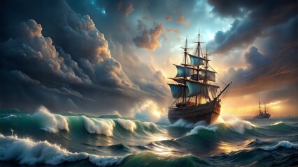 Fototapeta premium A stormy sea carries a 3D galleon ship