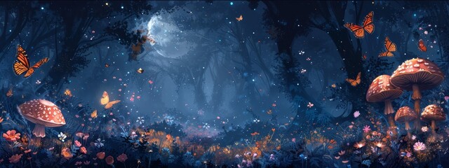  A painting of mushrooms and butterflies in a forest under a full moon's glowing backdrop
