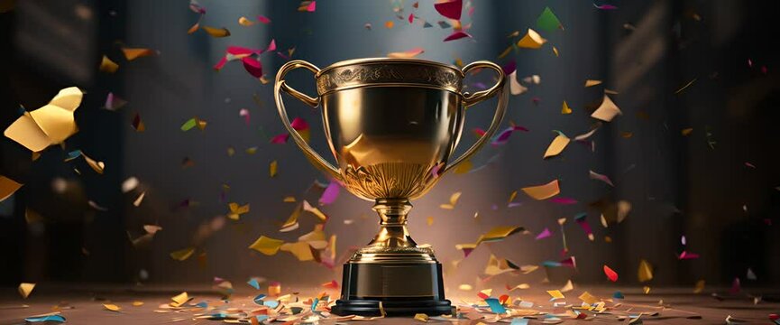 gold trophy cup with confetti