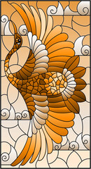 An illustration in the style of a stained glass window with a bird on a background of blue sky and clouds, tone brown