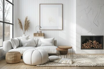 White Sofa with Pouf and Side Table Near Fireplace and Poster Frame on White Wall in Minimalist Design