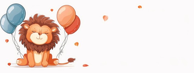  A lion sits on the ground with balloons in its mouth and a heart-shaped balloon