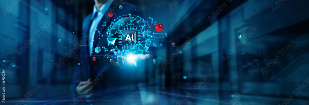 Poster Machine learning, Businessman hold of smart Ai by enter command prompt to generate content of text, image, speech and data exchange on network, AI, Artificial Intelligence, technology for business.