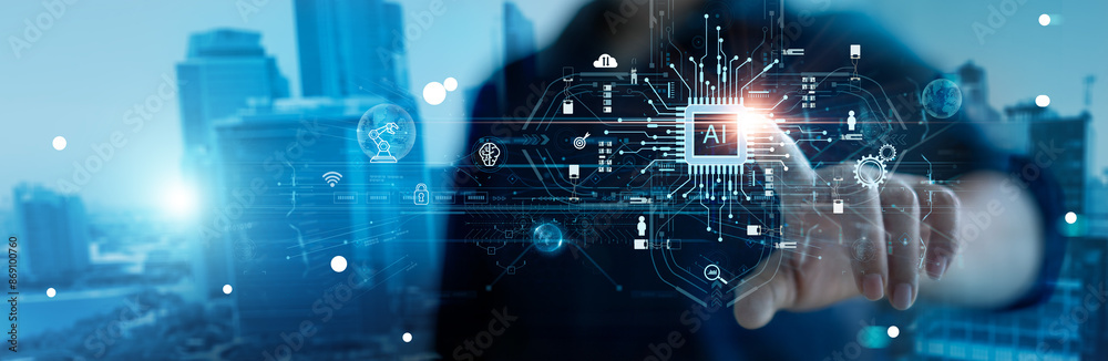 Fototapete Ai technology, Machine learning, Chatbot, businessman touch of AI Data exchange  on business network connection, Deep learning, Innovative, Business and artificial intelligence technology.