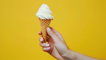 A person holding a cone of ice cream. The cone is yellow and white. Free copy space for text.