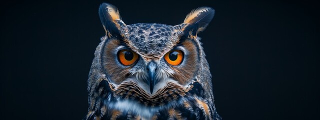  A tight shot of an owl's orange-eyed face against a black backdrop