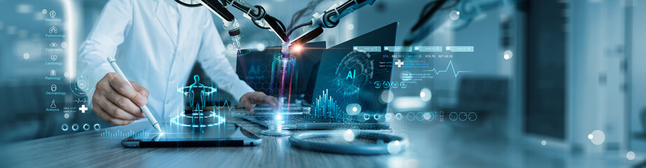 Medical technology, Doctor use AI robots for diagnosis, care, and increasing accuracy patient...
