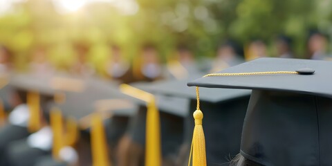 Excited college graduates wearing tassel hats on graduation day. Concept Graduation, Tassel Hats, College, Excited, Celebration