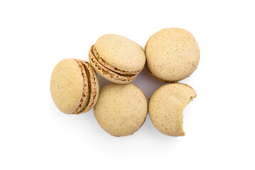 Macaroons with pistachio filling isolated on white background.
