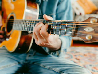 Fototapeta premium Gros plan sur main jouant de la guitare acoustique