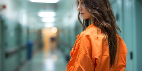 Female inmate in orange robe with blurred prison cell in background. Concept Prison, Inmate, Orange robe, Blurred cell, Female portrait