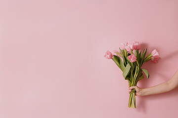 Female hand holds elegant pink tulip flowers bouquet over pastel pink background. Aesthetic close up view floral composition
