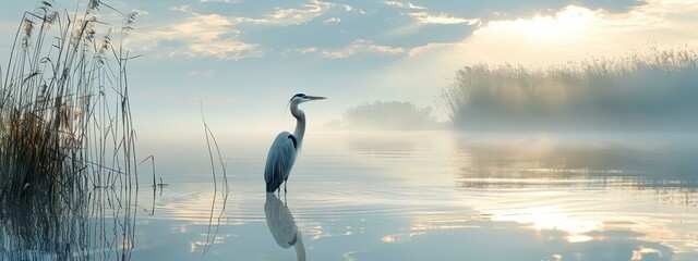  A bird stands in the water, surrounded by reeds in the foreground Sunlight filters through the clouds in the background