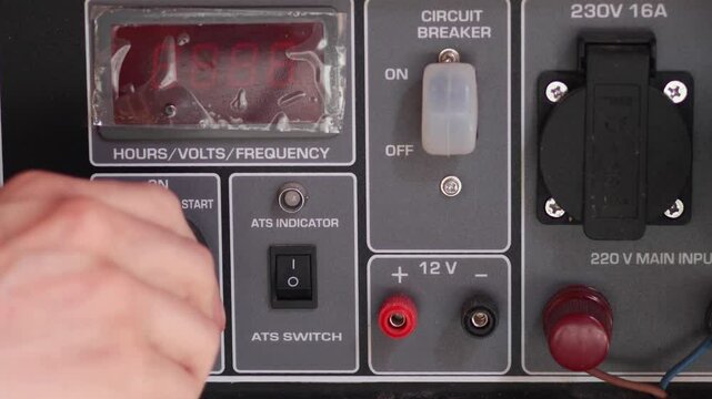 Man is turning "on" button on the electric generator. Close up view.