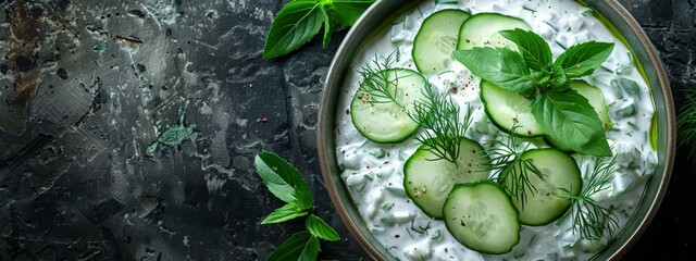 Obraz premium A bowl of cucumbers and yogurt, topped with fresh mint leaves, rests against a dark backdrop Mint foliage surrounds the scene