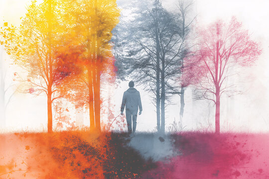 A grayscale figure walking in a dark, shadowy and bright, sunlit forest, symbolizing the shift from a negative to a positive mindset