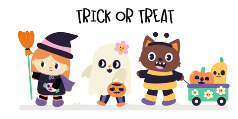 halloween card with witch girl ghost clipart and fox with pumpkins Groovy