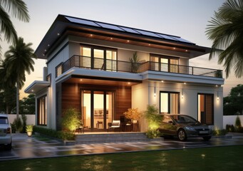 Fototapeta premium small medium house for sale in bangkok, in the style of realistic rendering, solar cell roof, frontal perspective