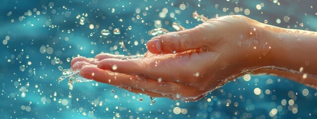 Fototapeta premium A hand, tightly grasping water, submerged in a stream, emerges from a palm