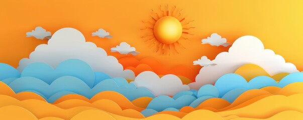 A paper drawing of a sunny day with a large sun in the sky and clouds. The sky is orange and blue, and the sun is shining brightly. Scene is cheerful and uplifting.