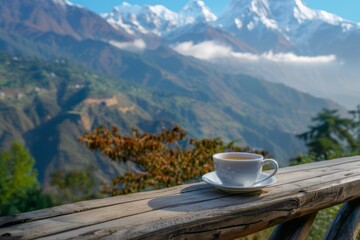 Hot Cup of Tea or Coffee on The Wooden Railing on The Background of The Mountains view
