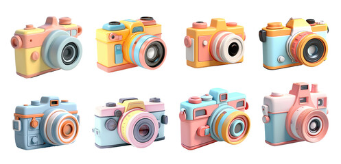 Set of a Photo camera 3D style, isolated on white or transparent background cutout.